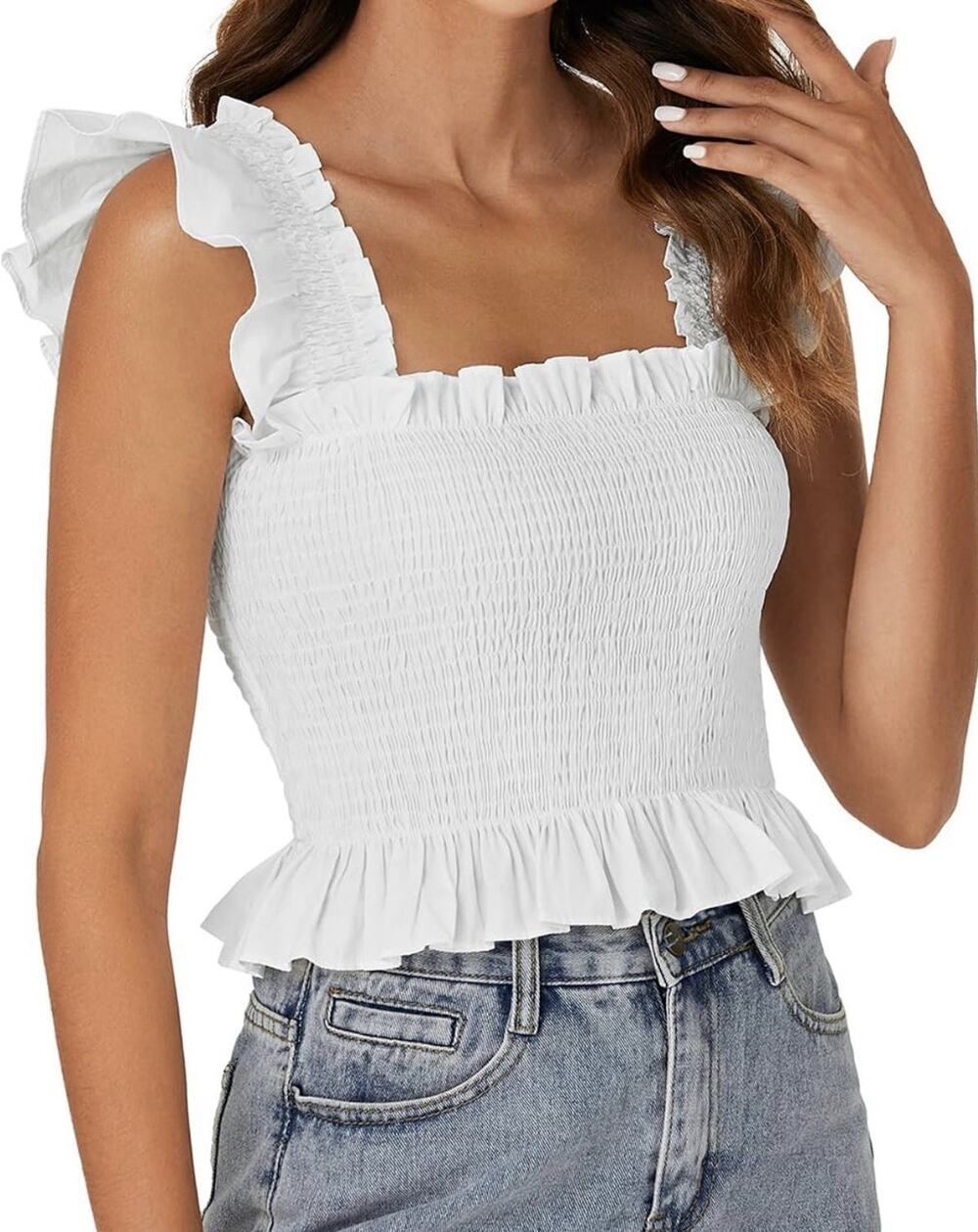 Rooscier Square Neck Smocked Ruffle Cap Sleeve Peplum Top White Women's L